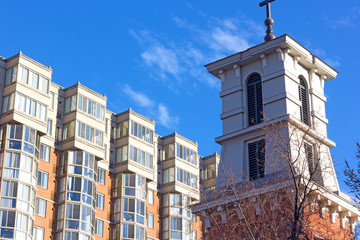 Washington DC apartment building in the historic neighborhood. Modern urban architecture of US capital city near Chinatown suburb.