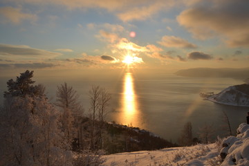 Baikal estuary Angara winter water sun