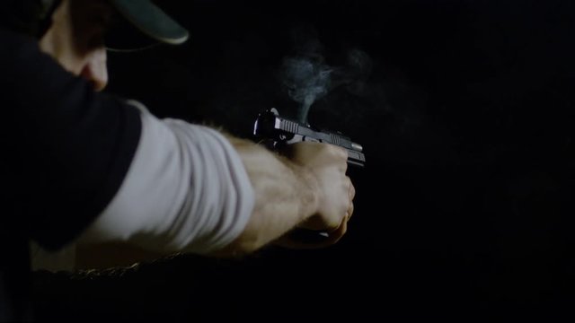 Hands holding an automatic pistol after firing, Ultra Slow Motion