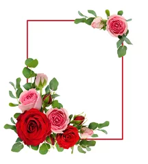 Papier Peint photo Lavable Roses Red and pink rose flowers with eucalyptus leaves in a corner arrangements with  frame