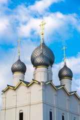 Fototapeta na wymiar domes of Assumption Cathedral of Kremlin in Rostov Veliky, Russia