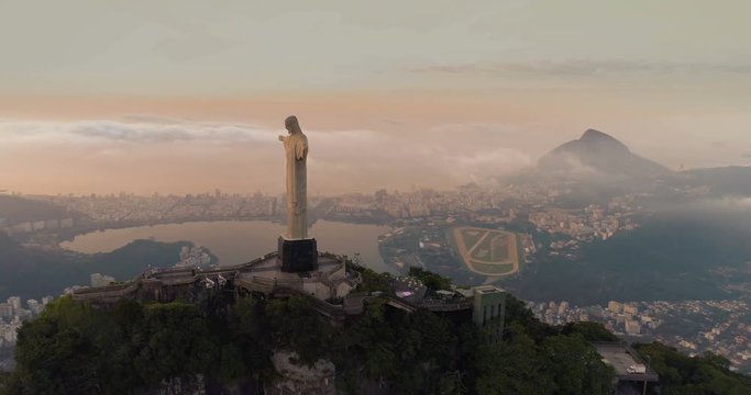 Aerial panorama of Rio de Janeiro with Christ the Redeemer Statue on the top of Corcovado Hill. Morning sunrise light, Brazil