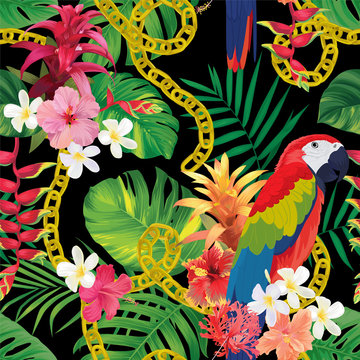 Seamless tropical pattern with macaw bird, guzmania, hibiscus flowers and palm leaves background. Vector set of exotic tropical garden for holiday invitation, greeting card and textile fashion design.