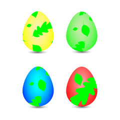 Collection of easter eggs, with a green leaf pattern, cartoon on a white background,