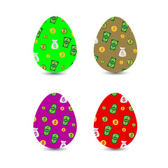 Collection of easter monetary eggs, with dollar pattern, cartoon on white background,