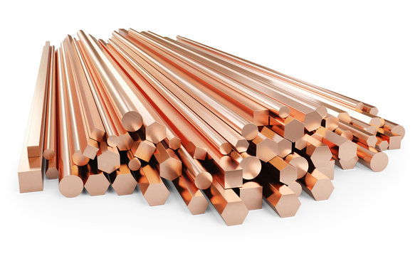Stack of copper rods. Rolled metal products. Isolated on white background, clipping path included. 3d illustration. 