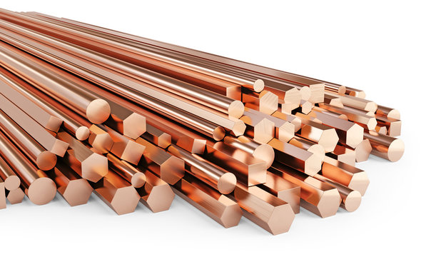 Copper rolled metal products. Stack of round, square, hexagonal copper rods. Isolated on white background, clipping path included. 3d illustration. 