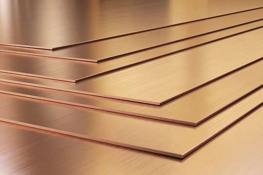 Copper sheets. Rolled metal products close-up. 3d illustration. 