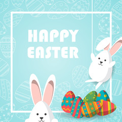 Happy Easter vector illustration, Cute white rabbit hanging on the rope and hanging down the bottom and Colorful eggs with eggs line icon on blue background and white square frame