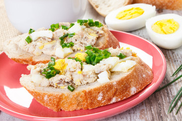 Baguette with mackerel or tuna fish paste with egg and chives