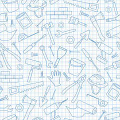 Seamless background on the topic of construction and repair, construction equipment, simple blue  contour  icons on the clean writing-book sheet in a cage 
