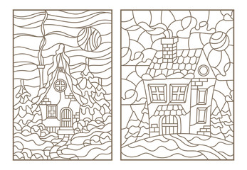 Set contour illustrations of the stained glass Windows with the village houses in the background of a winter landscape,dark contours on white background