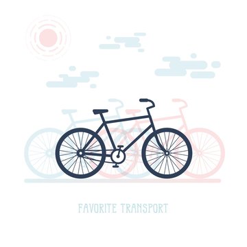 Simple illustration with a silhouette of bicycle, clouds and sun. Flat style.