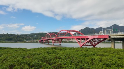 Obraz na płótnie Canvas A red iron bridge across the river