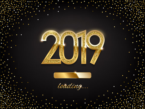 2019 golden New Year sign with loading panel on black background. Vector New Year illustration.