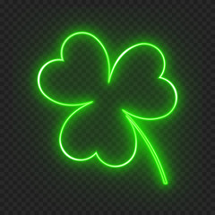 A clover leaf on a dark background with a neon light effect for a festive decoration for St. Patrick's day. Vector illustration with the symbol of the Irish holiday