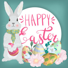 Happy Easter. Festive card with flowers, eggs and a cute rabbit