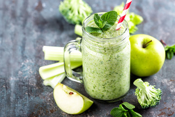 green smoothie with celery, broccoli, apple. healthy diet eating, superfood