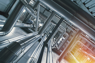 Obraz premium Industrial zone, Steel pipelines, valves and pumps