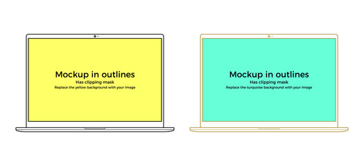Vector laptop mockup in outlines, black and golden