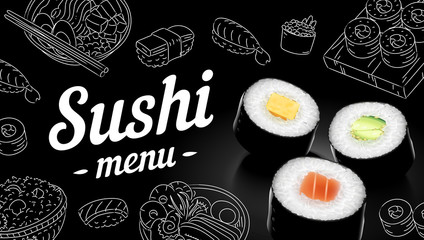 Fototapety  Okładka szkicu menu sushi. Ilustracja wektorowa clipart.