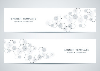 Technological and scientific banners with hexagonal molecule.