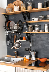 Design of modern kitchen in loft and rustic style.