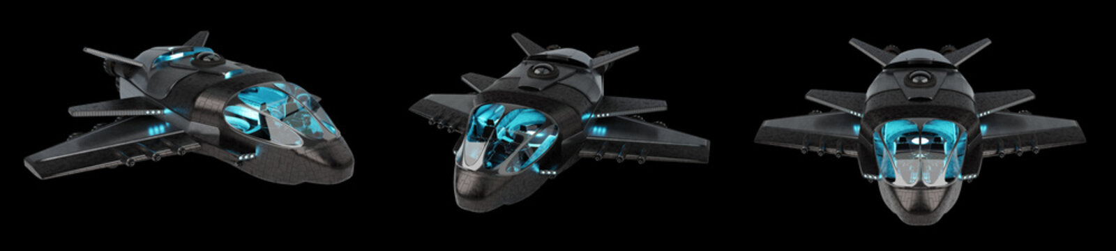 Futuristic spacecraft collection isolated on black background 3D rendering