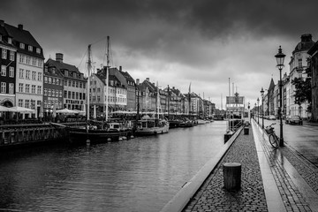 Nyhavn area during a morning rain in Copenhagen