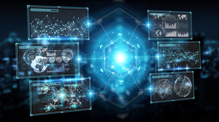 Digital screens interface with holograms datas 3D rendering