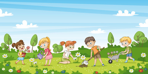 Cute children work in the garden. Funny cartoon character.
