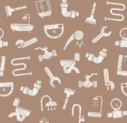 Plumbing and plumbing, seamless pattern, pencil hatching, brown, vector. Plumbing tools and spare parts, showers and plumbing parts. Seamless pattern.  