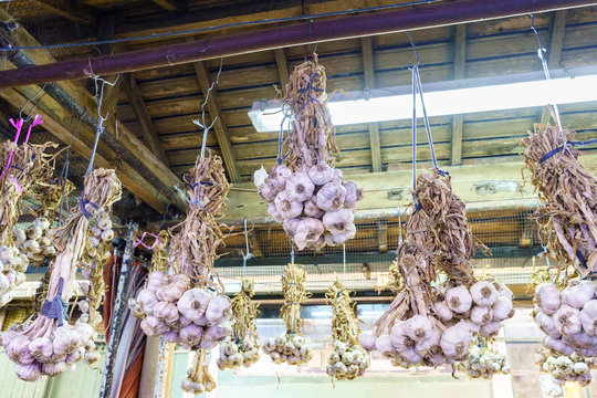 Garlic strings hanging from the ceiling at a market stall called Do Bolhao in the center of Porto (Portugal)
