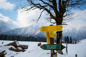 Signpost to the Rotwand, winter landscape, blue sky