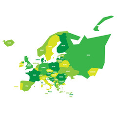 Very simplified infographical political map of Europe in green color scheme. Simple geometric vector illustration.