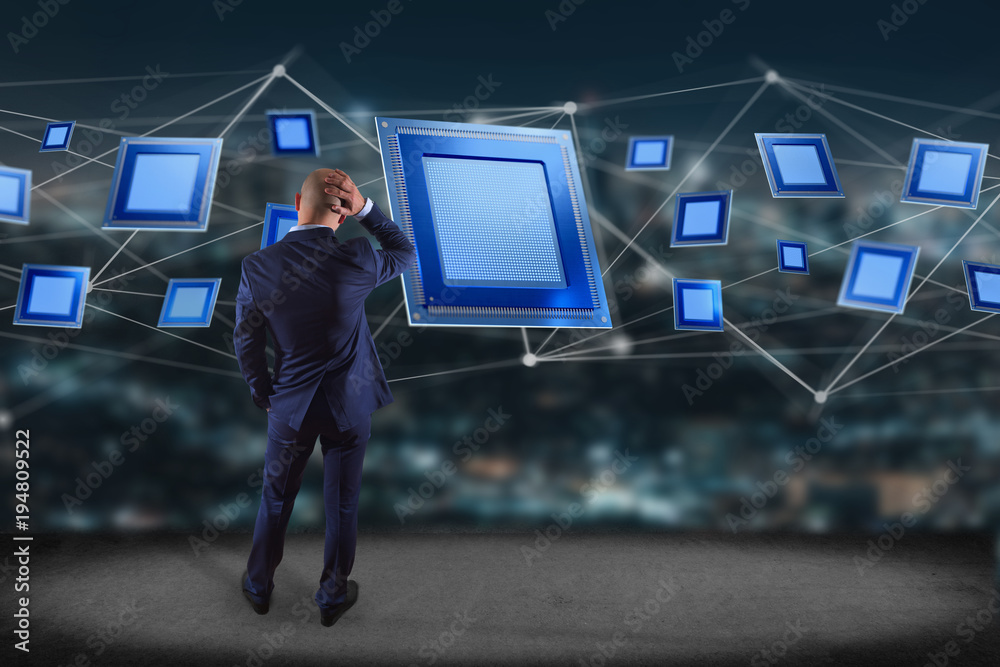 Poster businessman in front of a wall with a processor chip and network connection - 3d render