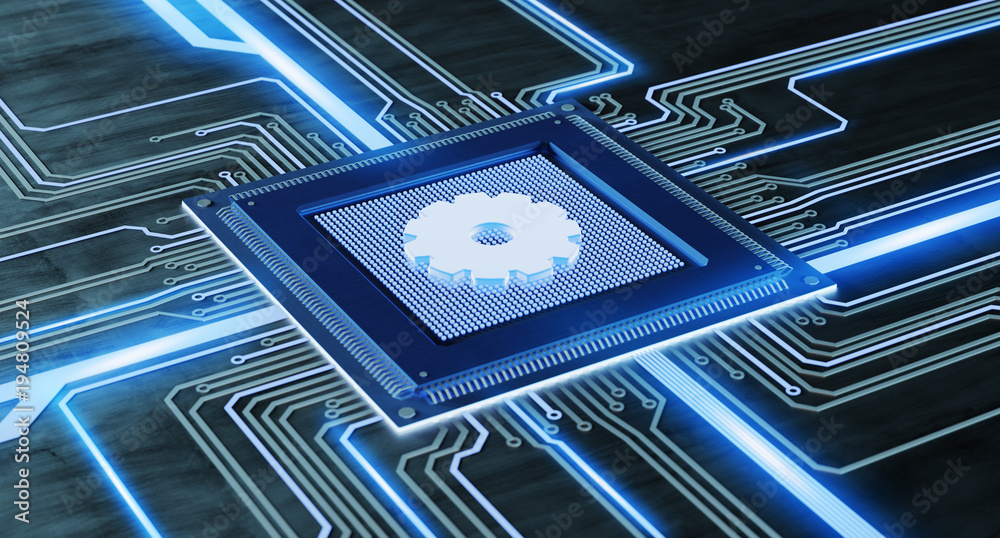 Poster cpu processor chip with a gear and network connection on a circuit board - 3d render