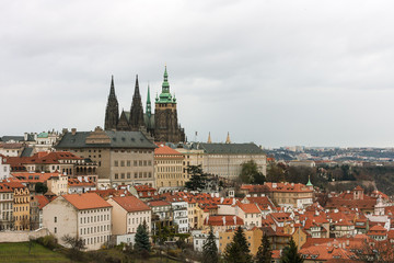 Naklejka na ściany i meble Skyline of Prague old houses and St. Vitus Cathedral. View from Petrin hill park, Czech Republic