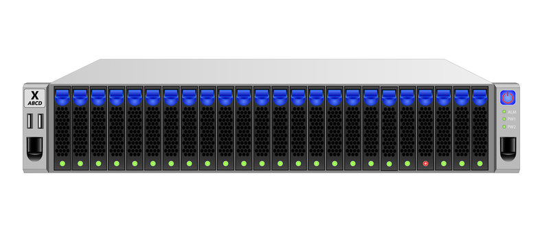 Carrier-class server for 19-inch rack mounting with twenty-four 2.5-inch hard drives. Emblem and name invented. Used for data centers, telecom operators, etc. Vector illustration.