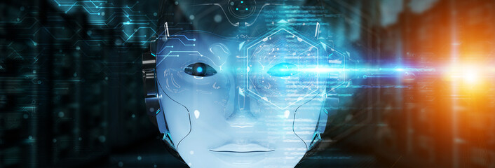 Cyborg head using artificial intelligence to create digital interface 3D rendering - obrazy, fototapety, plakaty