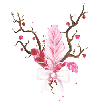 Hand drawn watercolor bouquet consisting of branches wit sakura flowers, feathers and bow.
