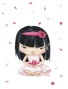Hand drawn watercolor meditate japanese girl in lotus and flying pink petals of sakura flowers.