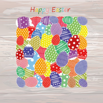 Easter eggs with a pattern in the shape of an oval. Greeting card for the holiday. Free space for text. Vector on wooden background