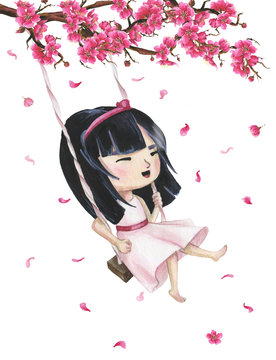 Hand drawn watercolor smiling japanese girl riding on a swing. Branch with sakura flowers and flying petals.