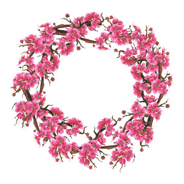 Hand drawn watercolor romantic wreath with pink sakura flowers.