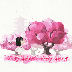 Hand drawn watercolor little japanese girl and sakura trees, petals and Pagoda. Ready card/poster.