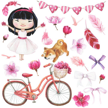 Hand drawn watercolor set of japanese girl, feathers, sakura flowers, flag garland, dog Siba Inu, bicycle and bows.