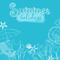 Fototapeta na wymiar Set of beach summer holidays accessories, cartoon illustration. Vector