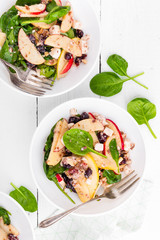 Healthy fruit and berry salad with fresh apples, cranberries, walnuts, italian ricotta cheese and spinach leaves. Delicious and nutritious diet dish for breakfast. Salad bowls on white