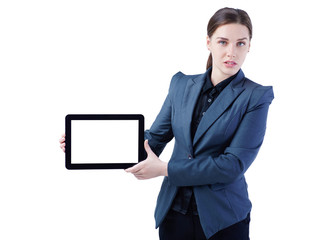 Suprised businesswoman looking at the tablet with blank screen. Isolated on white.